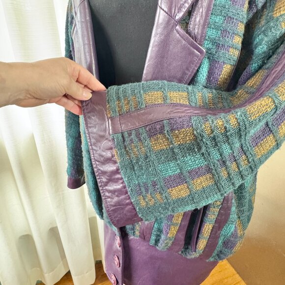 Vintage 80s blazer, purple, teal knit, leather lapels, waist band & cuffs, 10/12 - Picture 4 of 14